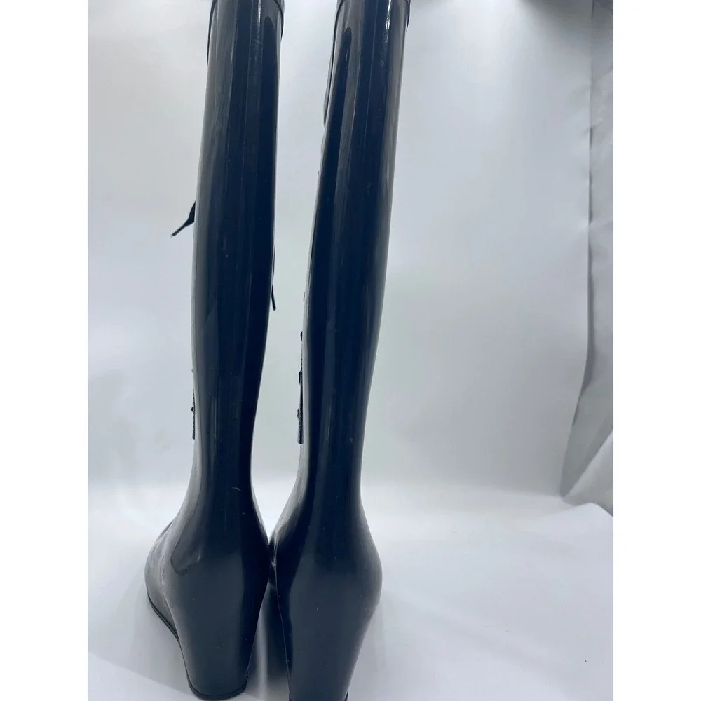 Womens Black Rubber Lace Up Wedge Rain Boots Tall Glossy Waterproof Size 8